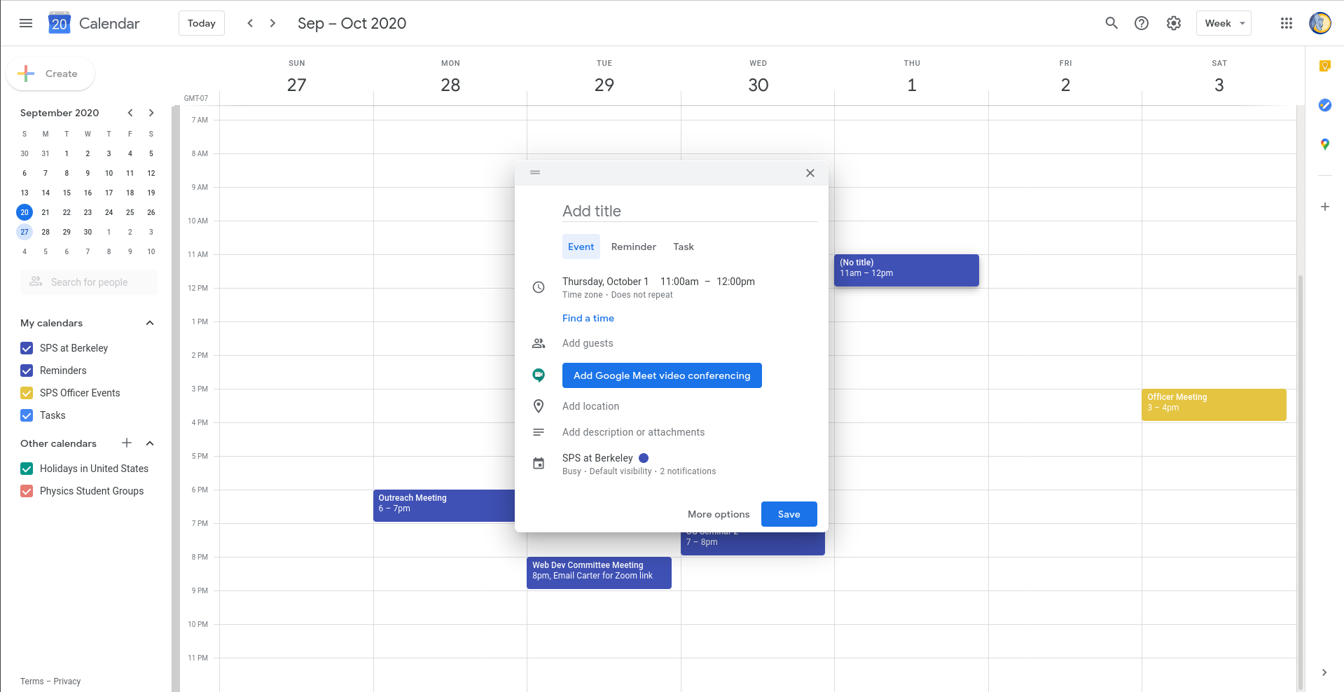 Image of new event on Google Calendar